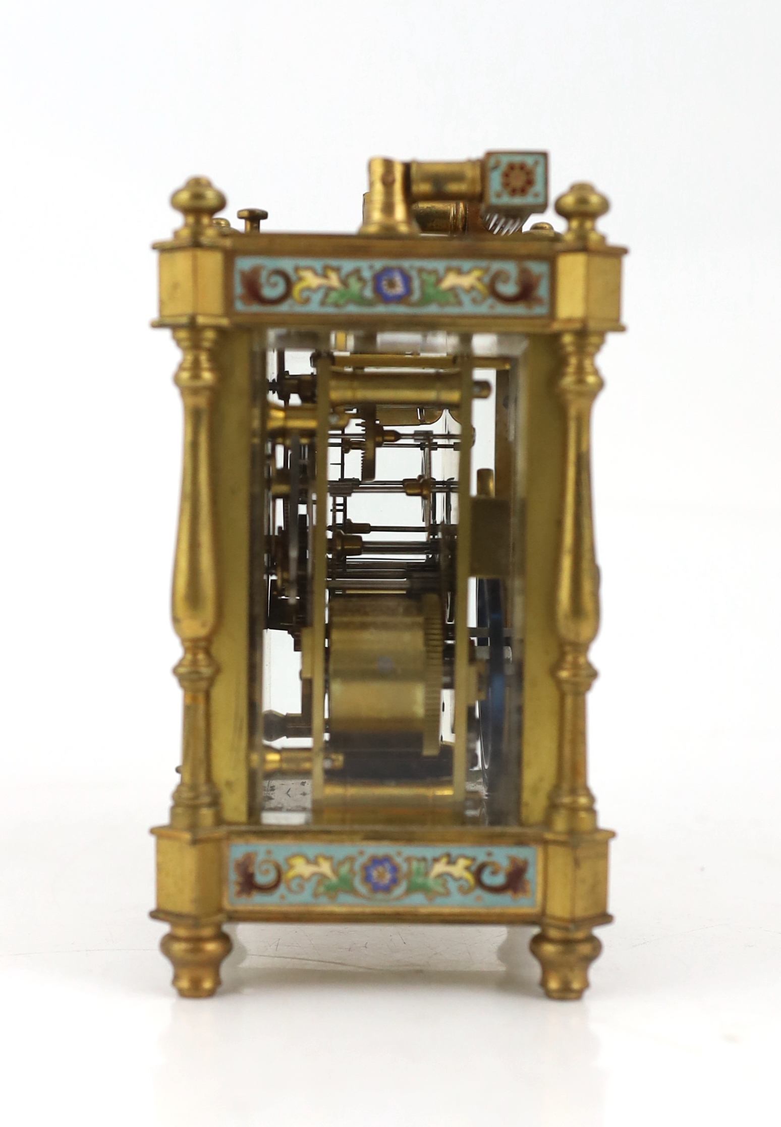 An early 20th century French ormolu and champlevé enamel hour repeating carriage clock